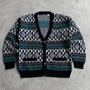 Vintage 90s Geometric Pattern Acrylic Button Up Cardigan - M